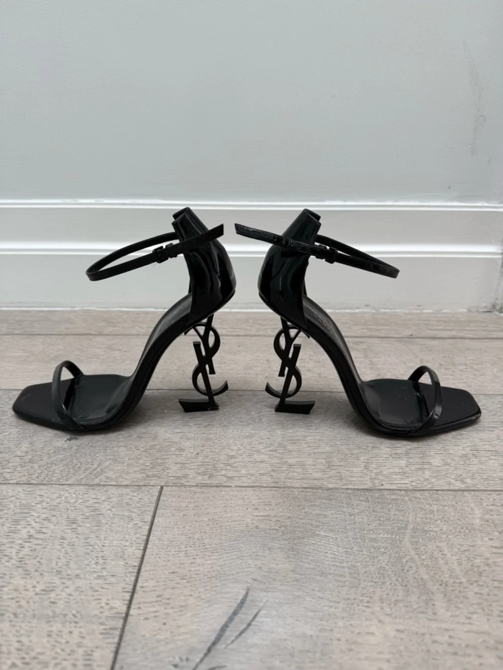 Saint Laurent Black Patent Opyum Logo Heel Ankle-Strap Sandal - Picture 2 of 7